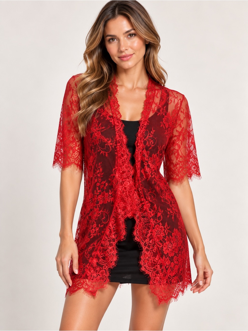 Red Lace Sheer Kimono Cover-Up - Women Intimates & Sleepwear